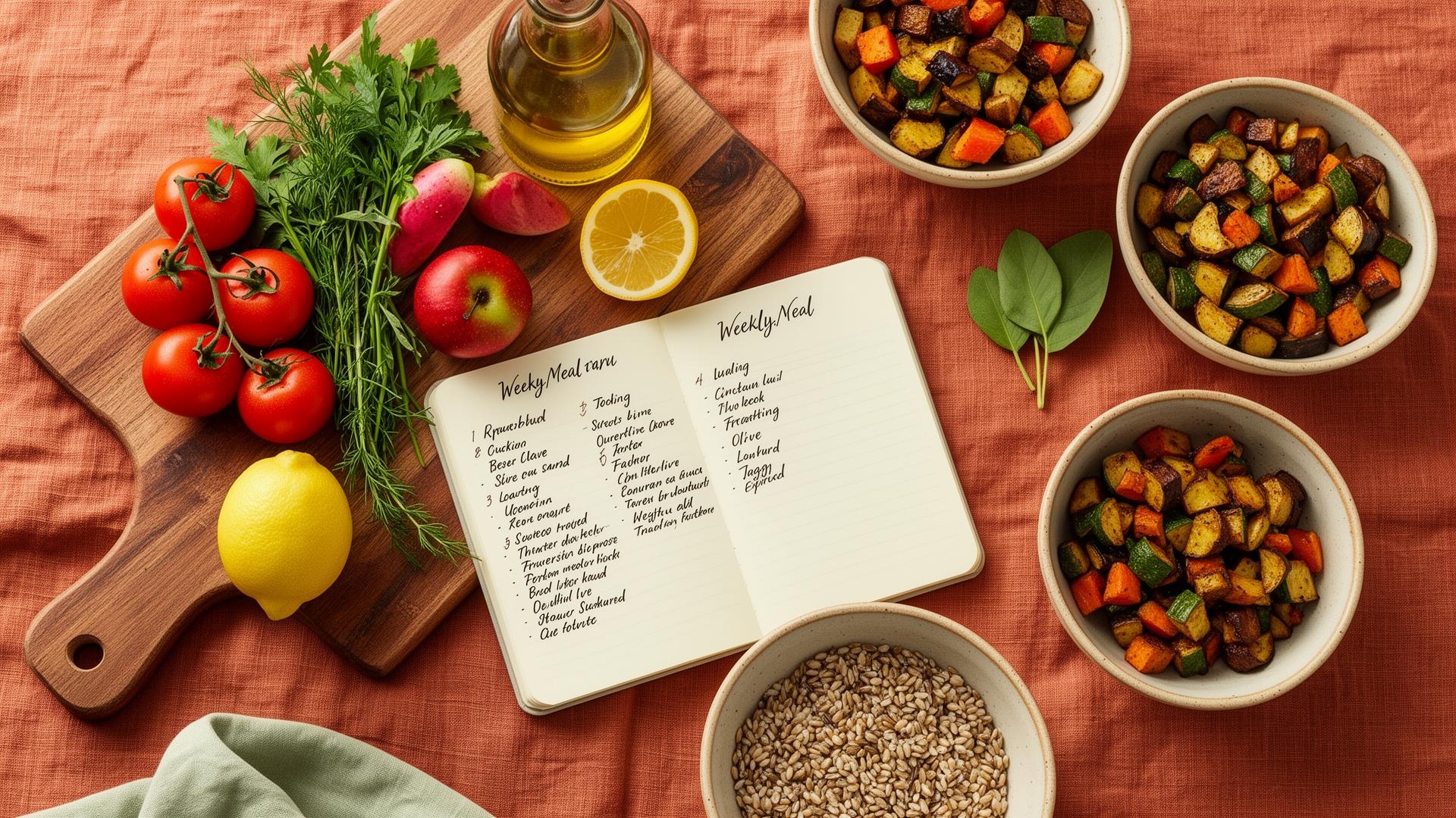 Overhead view of a weekly meal plan with fresh vegetables, grains and roasted veggies
